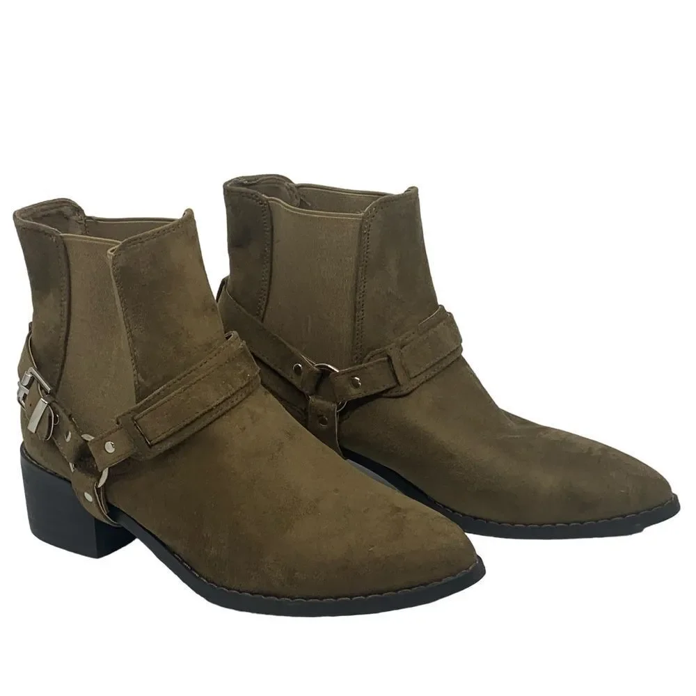 Forever 21 Women's Olive Green Suede Ankle Harness Boots Western Size 5.5 READ‎